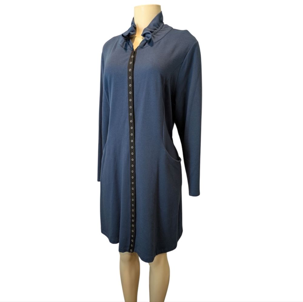 Chalet Blue Jersey Knit Snap Button Front Drawstring Back Longsleeve Dress Small - Picture 8 of 17
